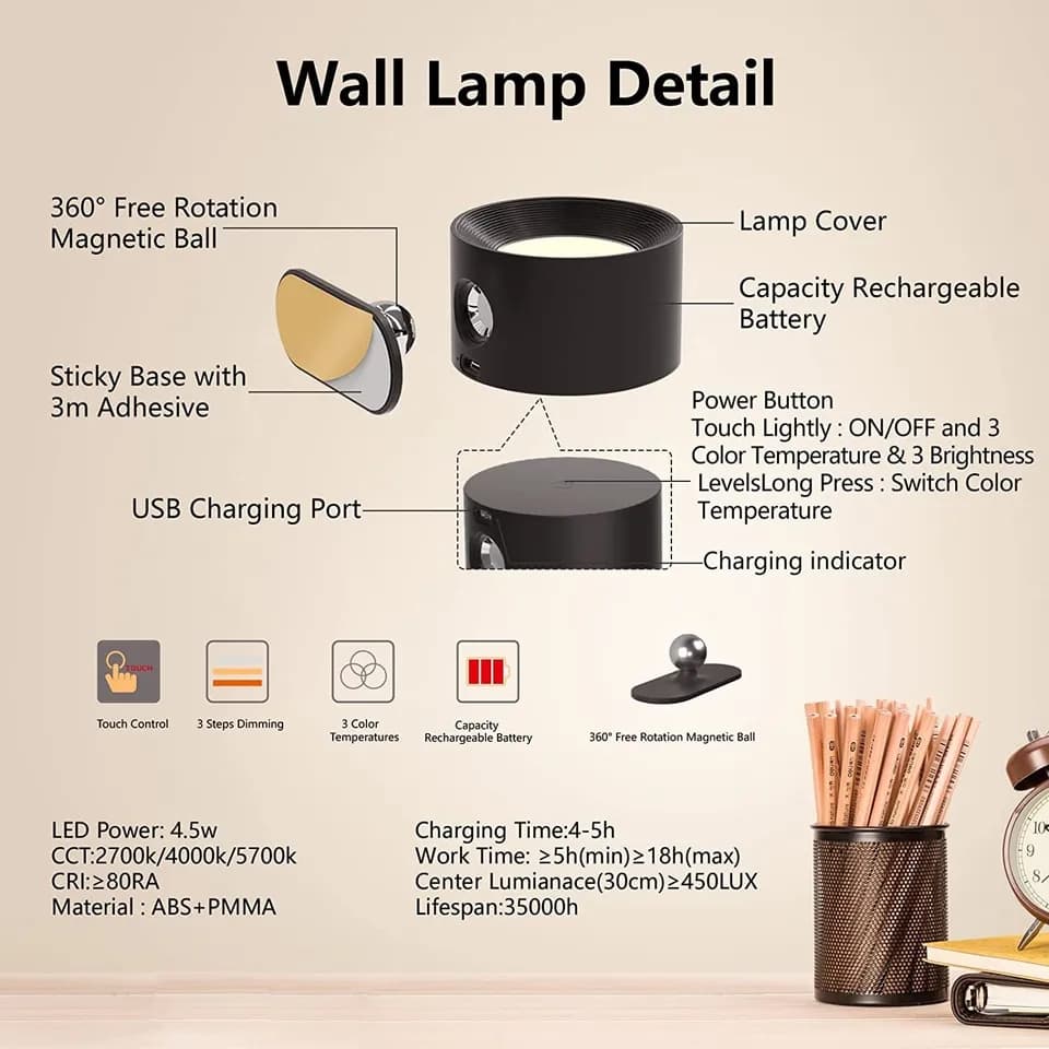 wireless led wall light ‎with remote- اضاءة ‏قابلة ‏للشحن ‏مع ‏ريموت image 5