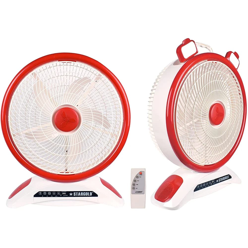 Stargold 14 Rechargeable Table Fan With Remote Control And Smd Led Light, 3 Speed 40w Copper Motor, Portable Desk Fan For Home Office Bedroom, Sg-4048 Red
